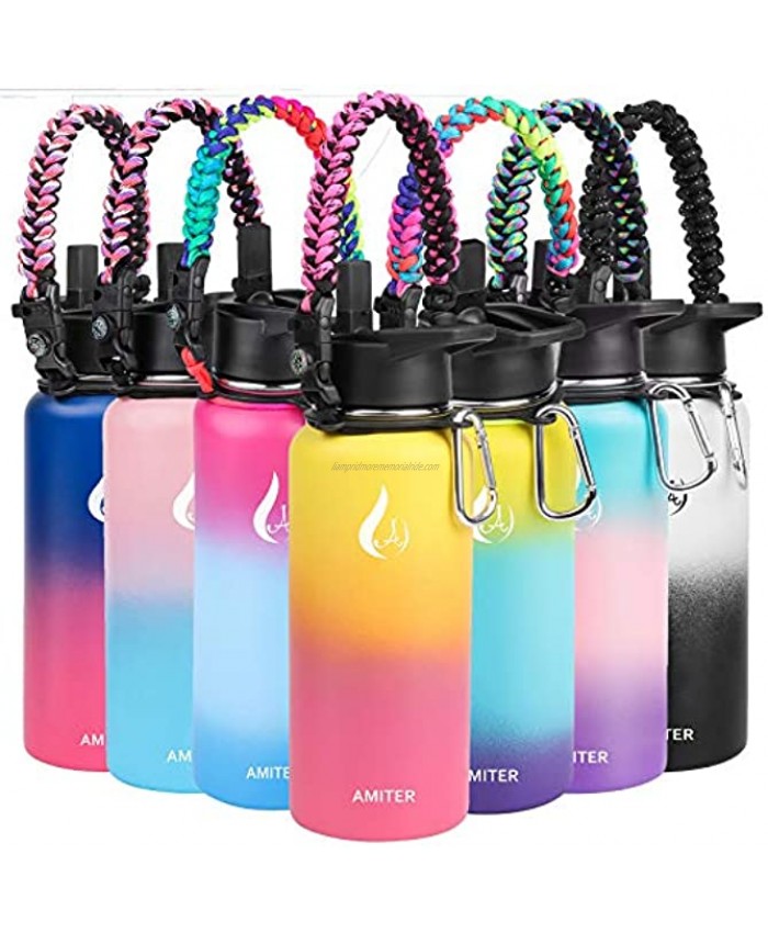 AMITER Water Bottle with Wide Mouth Straw Lid & Handle Lid 22oz 32oz 40oz 64oz 128oz Vacuum 18 8 Insulated Stainless Steel Flask Thermos Leakproof BPA FreeTravel Mug Jug