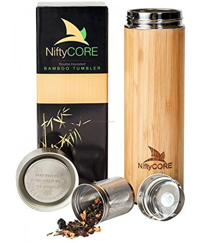 Bamboo Tumbler with Tea Infuser Bottle Loose Leaf Strainer – Advanced Double Insulated Stainless Steel Travel Thermos Best Gift for Tea Lovers Leak-Proof Hot Coffee Mug Fruit Water Bottle 17 oz