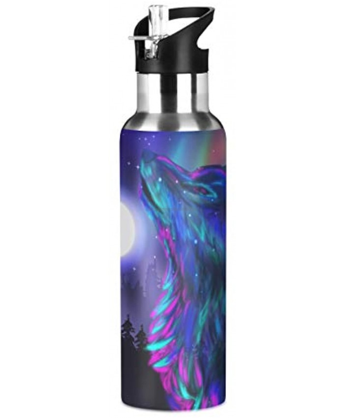 CCDMJ Galaxy Animal Wolf Abstract Water Bottle Vacuum Insulated Stainless Steel Thermos Mug Kids Water Bottle with Straw and Handle Keep Hot Cold Sport Bike Fit Travel Outdoor 20 oz