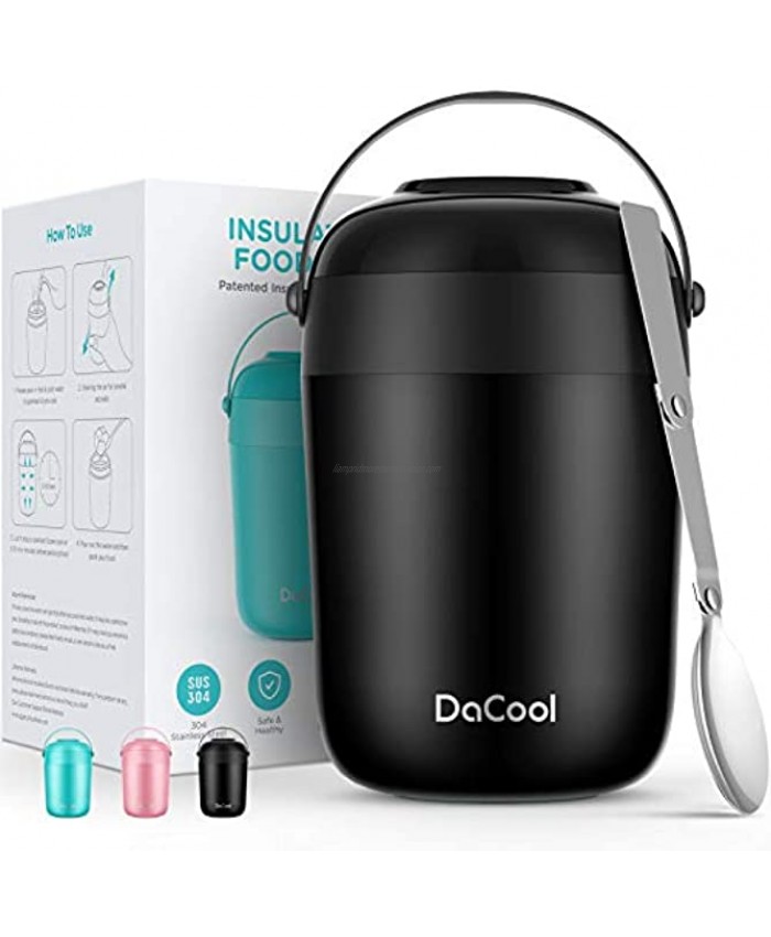 DaCool Kids Thermos for Hot Cold Food 16oz Insulated Food Jar Food Thermos for Lunch Hot Soup Leak Proof Vacuum Stainless Steel With Spoon Keep Food Warm Thermal Container for Boy School Camping Black