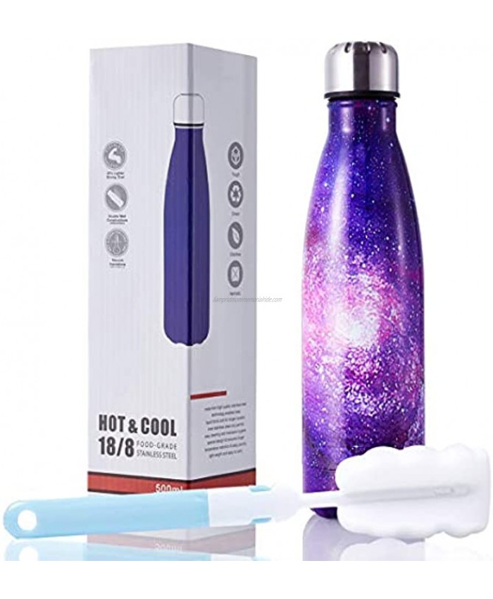 HGDGears 17oz Stainless Steel Water Bottle Double Wall Vacuum Insulated Flask BPA Free Leak Proof Cola Shape Thermos with Brush Galaxy Purple