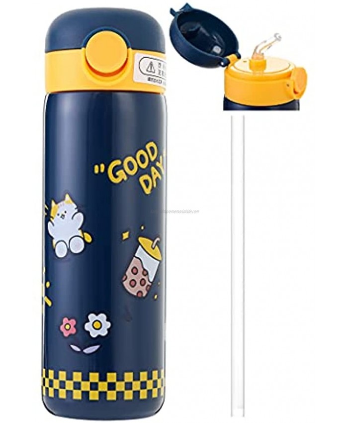 Kids Vacuum Insulated Water Bottle with Straw,14Ounce Leak-Proof Stainless Steel Cute Cat Thermos for Children Hot and Cold Drinks Travel Easy to carry for outdoor travel