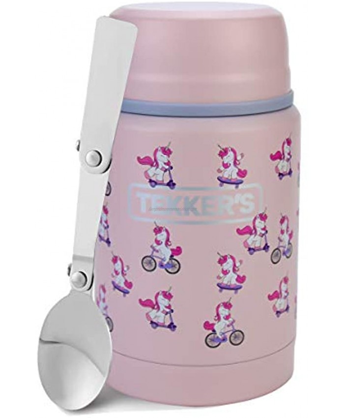 TEKKER'S Insulated Thermos Food Jar Lunch Thermos 17 Oz Stainless Steel Container Kids Vacuum Flask Folding Spoon Office Travel Camping Work School Outdoors Pink Unicorns