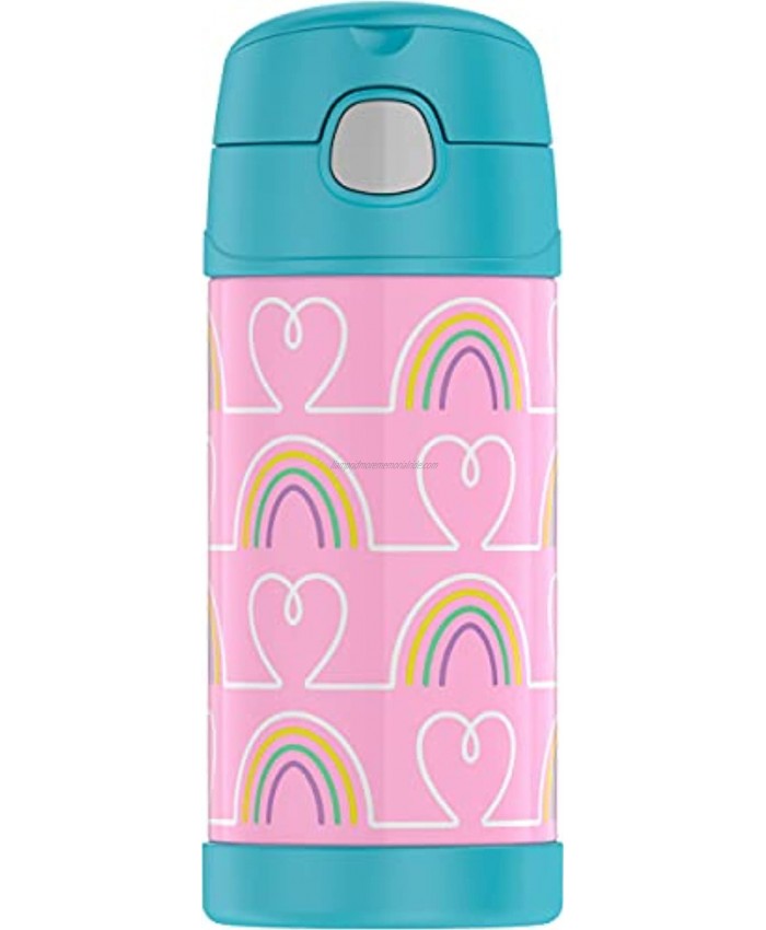 THERMOS FUNTAINER 12 Ounce Stainless Steel Vacuum Insulated Kids Straw Bottle Rainbow Hearts