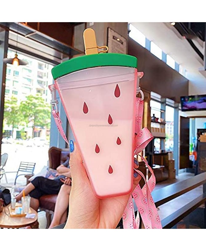 YunQin 320ml Plastic Water Bottles 4 Colors Cute Watermelon Ice Cream Water Bottle with Straw Anti-Fall Portable Popsicle Shape Water Cup for Girls Pink