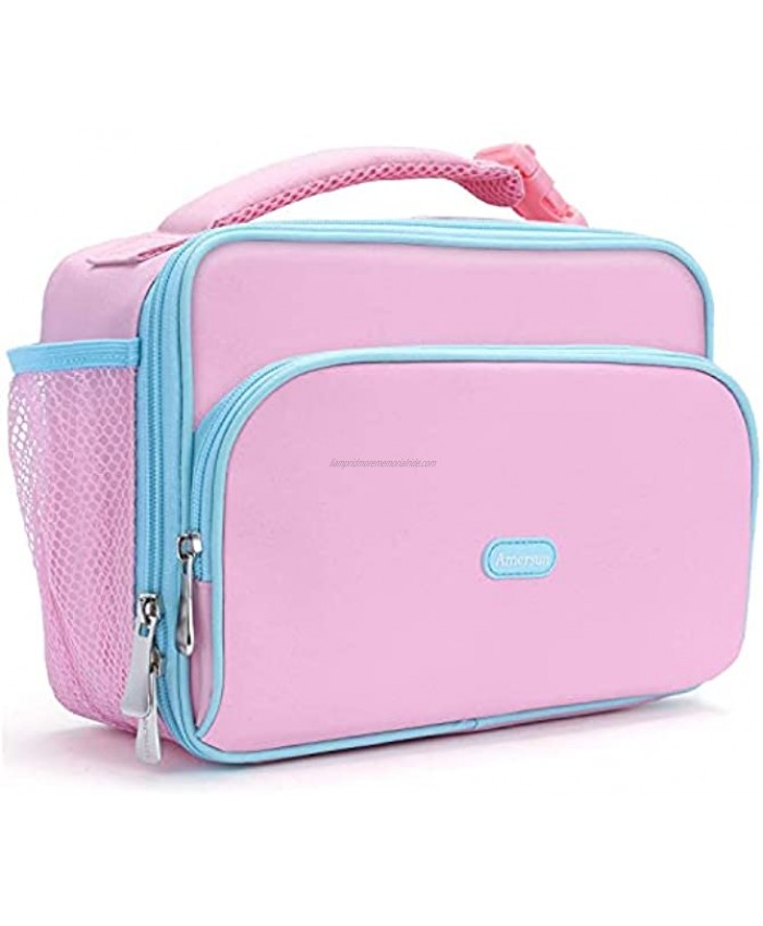 Amersun Kids Lunch Box,Durable Insulated School Lunch Bag with Padded Liner Keeps Food Warm Cold Longer Time,Small Water-resistant Thermal Travel Office Lunch Cooler for Teen Girls-2 Pockets,Peach