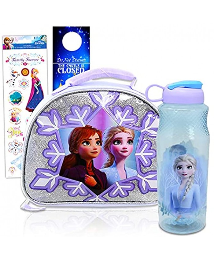 Disney Frozen Water Bottle Lunch Box Bundle ~ Frozen Lunch Bag And 30oz Refillable Water Bottle With Stickers | Frozen Accessories For Girls Frozen School Supplies