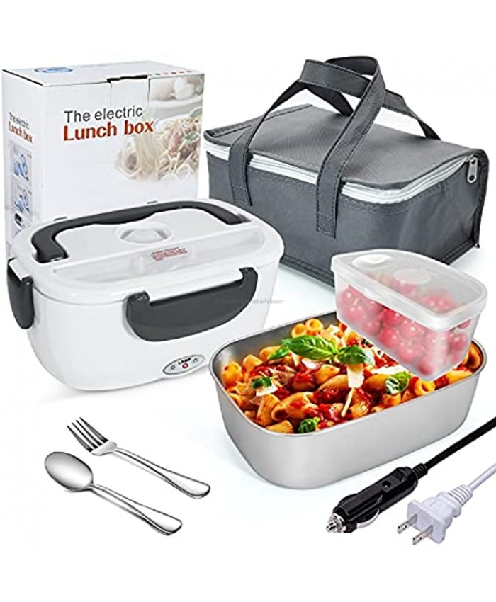 Electric Hot Lunch Box for Car Truck And Home Lunchbox Portable Food Warmer Heater Bento Boxes 2-in-1 with 1.5L Removable 304 Stainless Steel Container 2 Compartments Fork & Spoon Insulated Bag Grey