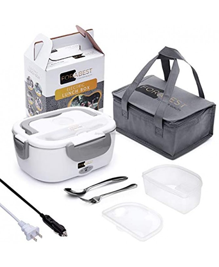 Electric Lunch Box Food Heater FORABEST 2-In-1 Portable Food Warmer Lunch Box for Car & Home – Leak proof 2 Compartments Removable 304 Stainless Steel Container SS fork & spoon and Carry Bag