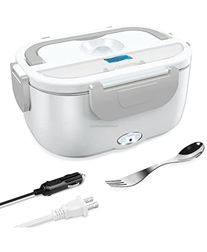 Electric Lunch Box for Car and Home 110V & 12V 40W Removable Stainless Steel Portable Food Grade Material Warmer Heater with 2 in 1 Fork & Spoon White