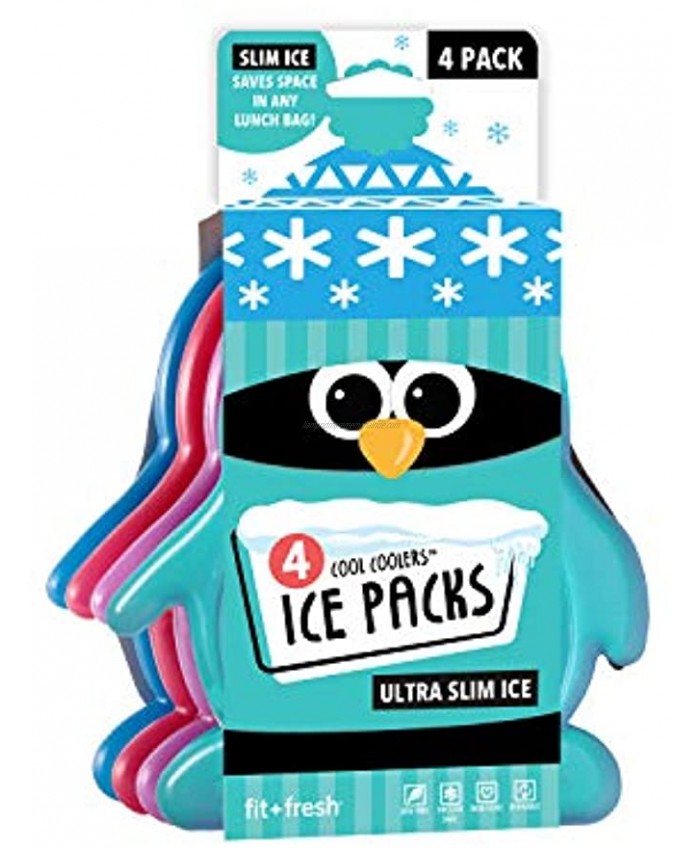 Fit + Fresh Cool Coolers Slim Ice Packs Penguin Shaped Long Lasting Ice Packs for Lunch Bags Picnic Baskets Coolers and More Set of 4 Multicolored