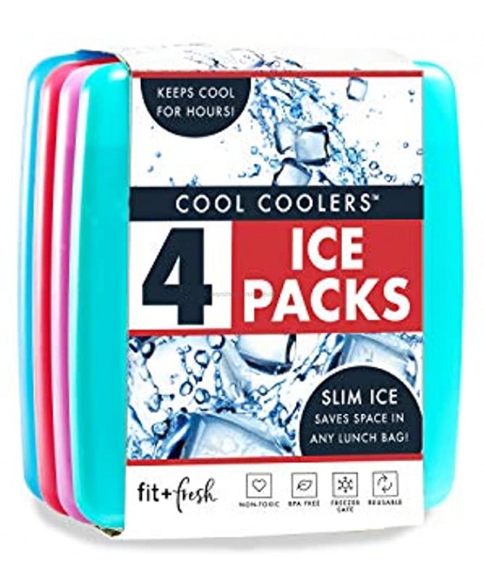 Fit + Fresh Cool Coolers Slim Ice Packs Reusable Ice Packs for Lunch Bags Beach Bags Coolers and More Set of 4 Multicolored