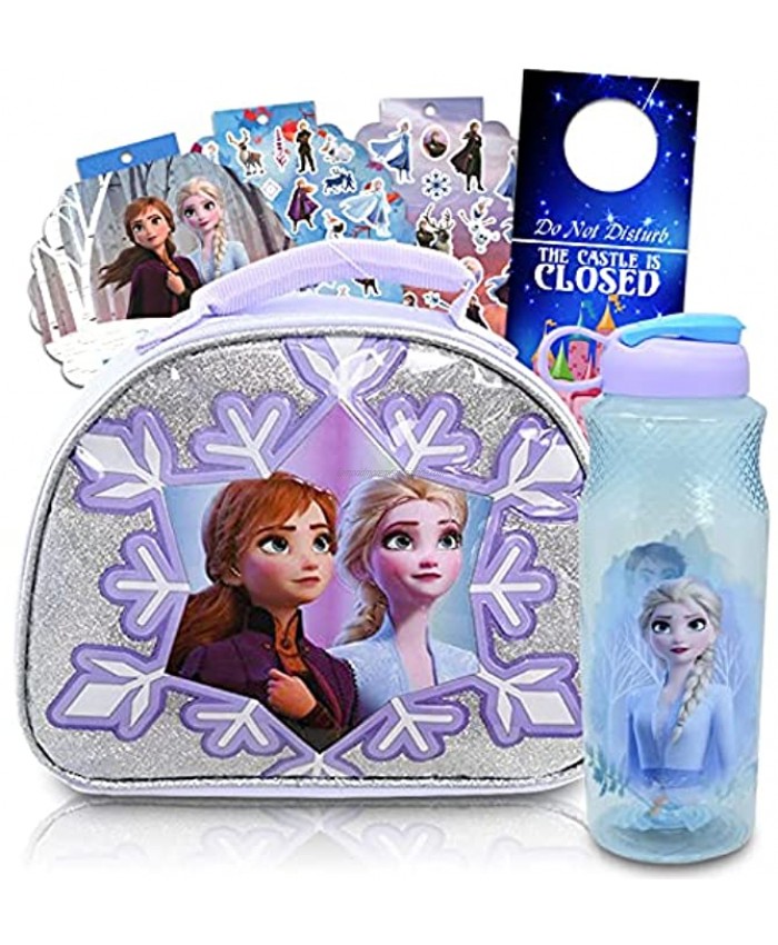 Frozen Anna And Elsa Lunch Bag Water Bottle Set For Toddlers Kids 4 Pc Bundle with Insulated Lunch Box Plastic Bottle Stickers And Door Hanger Frozen School Supplies