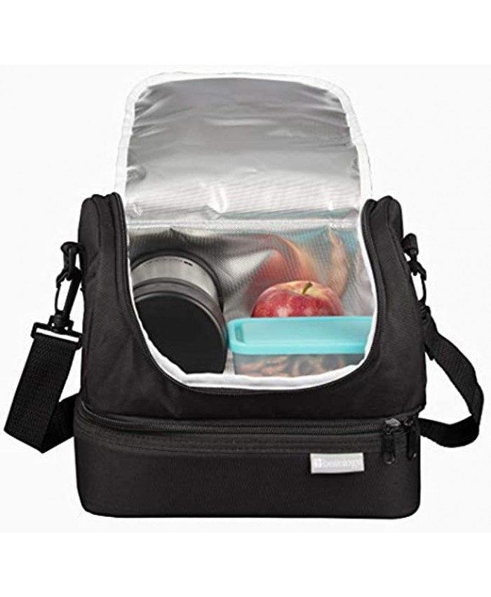 Insulated Lunch Box Dual Compartment Lunchbox Bag Tote with Zipper Closure Black