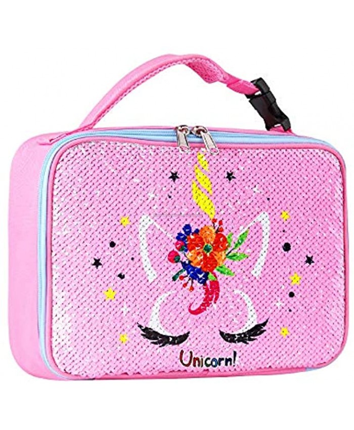 Kids Unicorn Sequin Lunch Box for Girls Reversible Sequin Flip Color Change Insulated Lunch Bag for Kids School and Travel Compatible with Most Kids Lunch Box like Bentgo DaCool Bento Pink