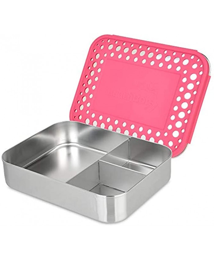 LunchBots Large Trio Stainless Steel Lunch Container -Three Section Design for Sandwich and Two Sides Metal Bento Lunch Box for Kids or Adults Eco-Friendly Stainless Lid Pink Dots