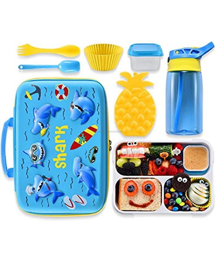 Shark Lunch Bag Lunch Box Set Include 3D Insulated Cooler Bag & Leakproof Water Bottle Pineapple Ice Pack Multipurpose Spork Spoon Silicone Cups Salad Box Great for School Girls or Boys