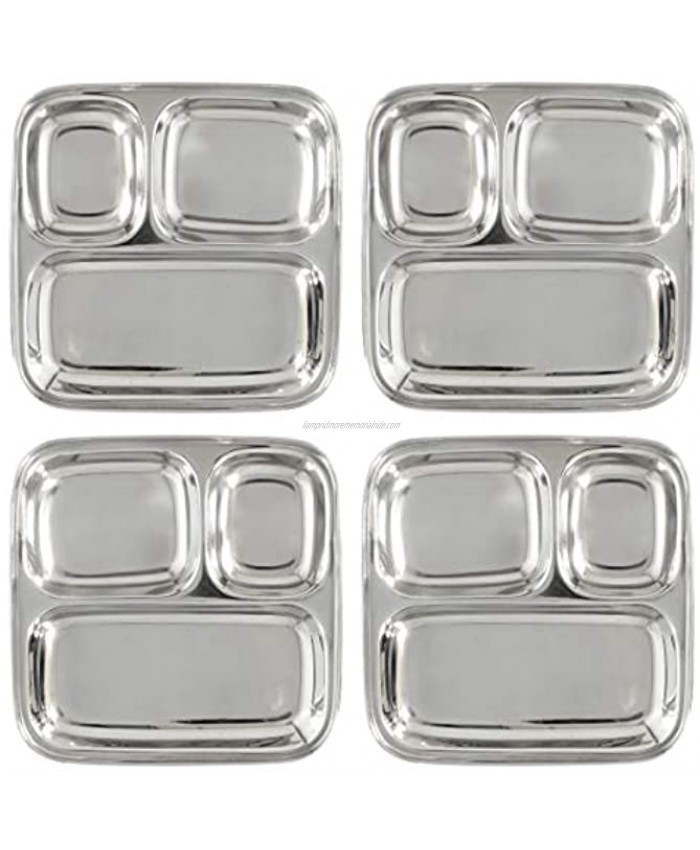Stainless Steel Divided Plates Compartment Trays 4-Pack; 9.8 x 8.1 Inches Oblong 3-Section Mini Mess Trays Great Size for Lunches Kids Portion Control Camping & More