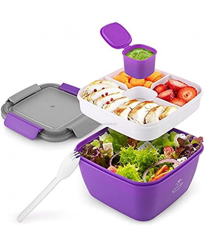 Zulay 52oz Salad Container For Lunch BPA Free Leak Proof Salad Dressing Container To Go With Smart Lock Design Salad Lunch Container With Dressing Container & Reusable Spork Purple