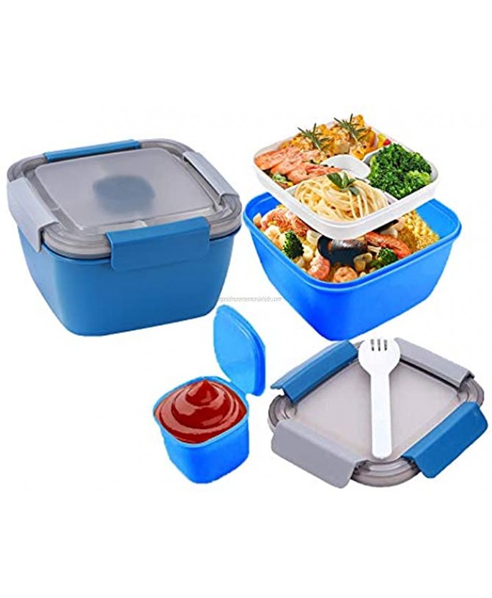 50 oz Bento Boxes 3 Compartments Salad Lunch Container with Dressing Cup Great for Salad Toppings Snacks Blue