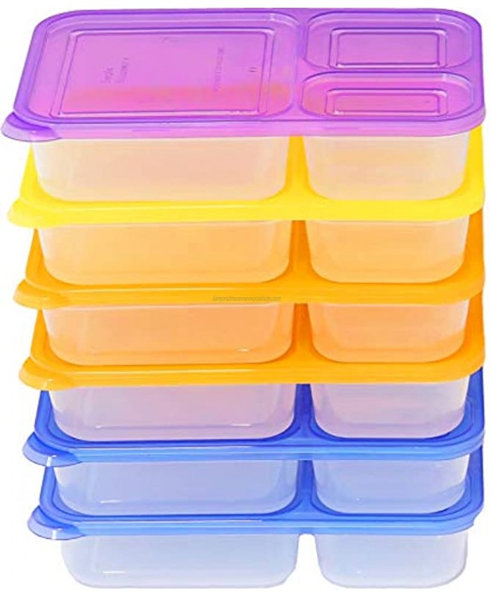 6 Pack SimpleHouseware Color Reusable 3-Compartment Meal Prep Container Boxes 36 ounces