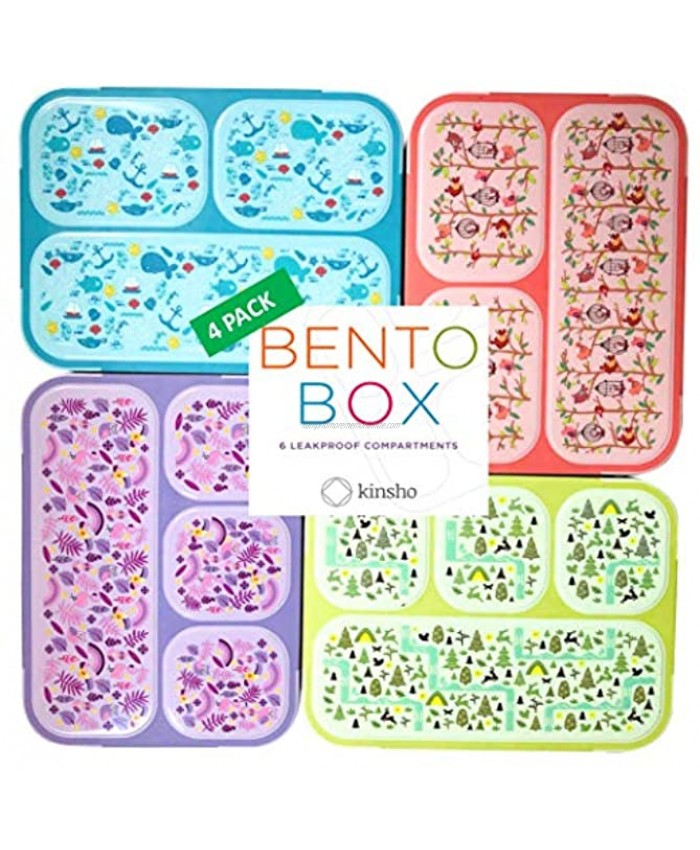 Bento Box for Kids Lunch-Boxes for Girls Boys | Snack Containers for Toddlers Pre-School | Cute Travel Day-Care Meal Container BPA Free | Blue Pink Purple Yellow-Green 3 and 4 Compartments 4 pack