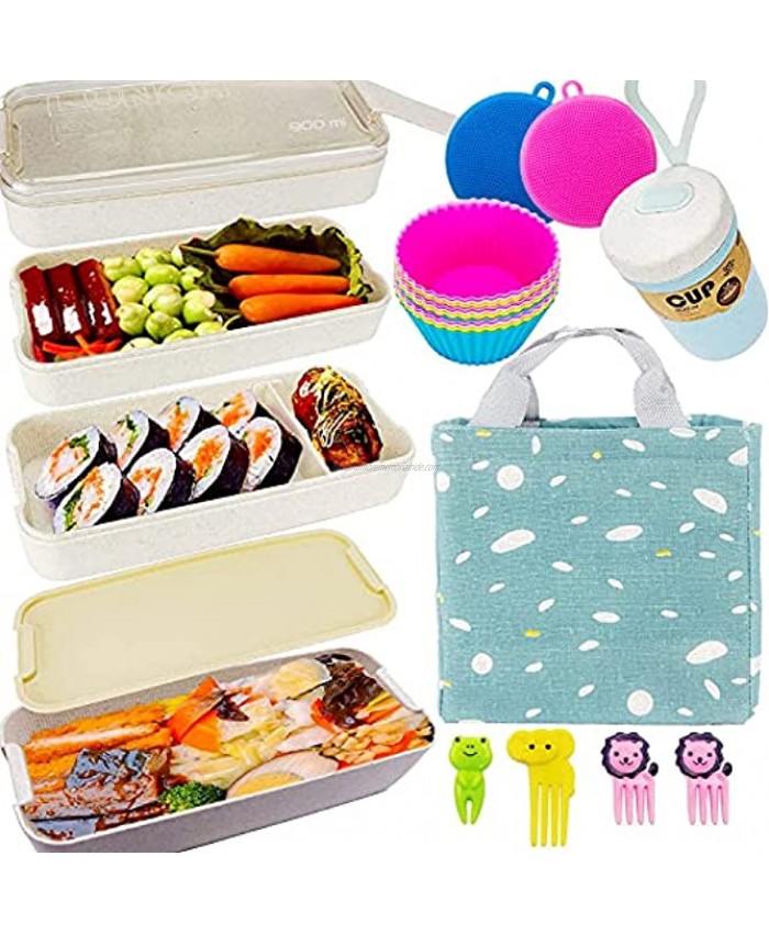 Bento Box Japanese Lunch Box Kit 16 PCS 3-In-1 Compartment Leak-proof Bento Lunch Box Meal Prep Containers with Utensils Bento Boxes for Adults Kids Beige