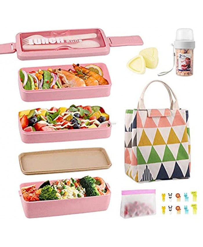 Bento Box Japanese Lunch Box Kit Iteryn 3 Layer Bento Lunch Box for Adults BPA-Free Leakproof Stackable Bento Box with Lunch Bag Soup Cup Rice Ball Mold Fruit Fork Microwave Safe