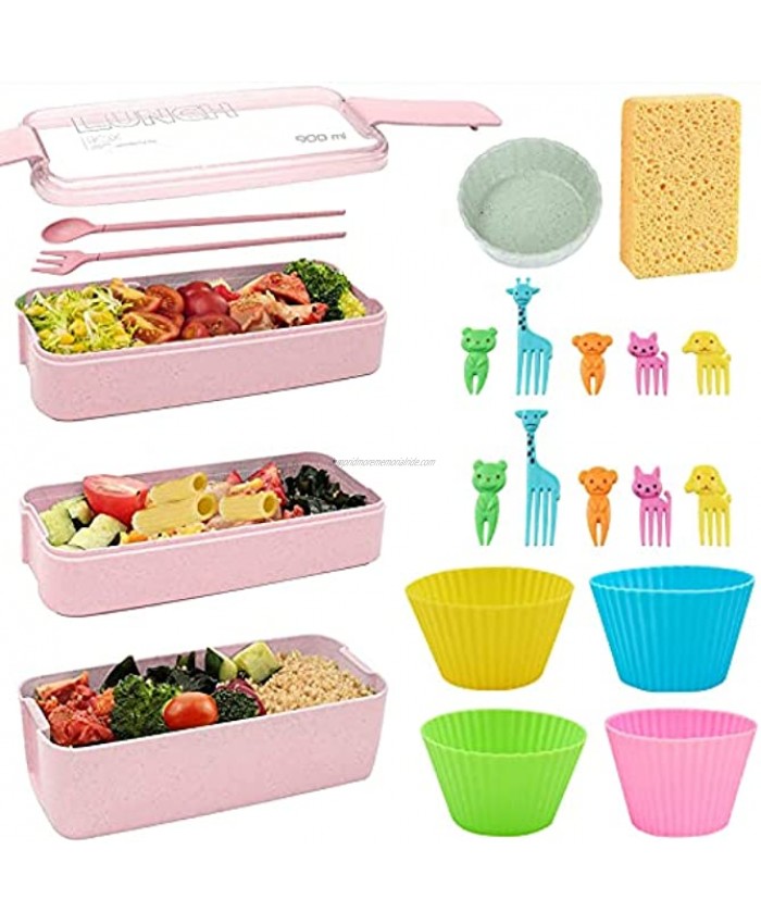 Bento Box Lunch Box for Kids Stackable Lunch Box 3-In-1 Compartment,Japanese Lunch Box Leakproof Lunch Container,900ML Meal Prep Container Wheat Straw Bento Lunch Box for Kids and Adults BPA-free…
