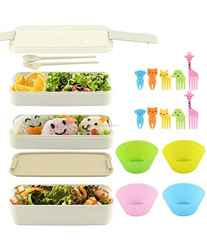 Bento Box Lunch Box Kit Japanese 3-In-1 Compartments Food Storage Containers with Utensils BPA-Free Microwave Safe Stacking Bento Boxes for Kids & Adults By HSYTEK Beige