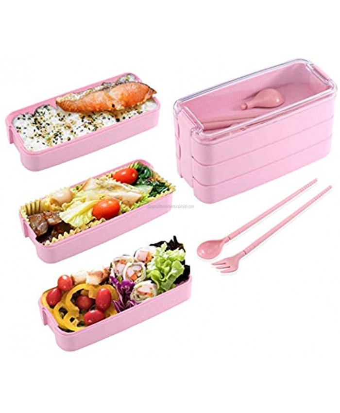 Bento Box Pink Lunch Box for Kids 900ML Bento Lunch Box Japanese Bento Box Ecological Kids Bento Box Made of Wheat Straw Stackable Bento Box with Fork and Spoon for Adults and Kids