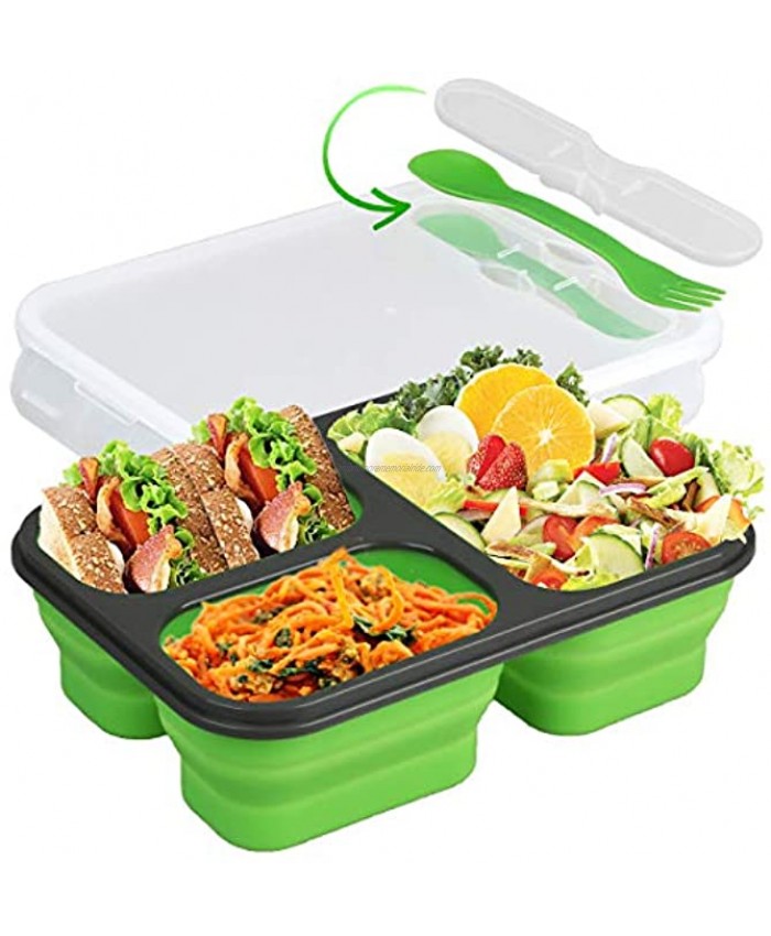 Collapsible Silicone Bento Box—3-Compartment Eco Silicone Collapsible BentoLunch Box Kit-BPA Free Safe in Microwave Dishwasher & Freezer Green