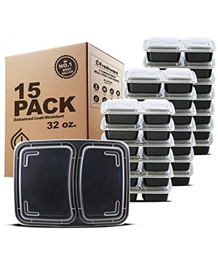 Freshware Meal Prep Containers [15 Pack] 2 Compartment with Lids Food Storage Containers Bento Box BPA Free Stackable Microwave Dishwasher Freezer Safe 32 oz