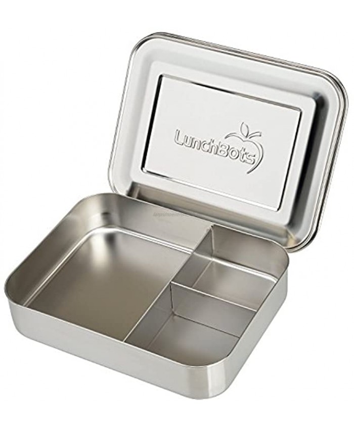 LunchBots Large Trio Stainless Steel Lunch Container -Three Section Design for Sandwich and Two Sides Metal Bento Lunch Box for Kids or Adults Eco-Friendly Stainless Lid All Stainless