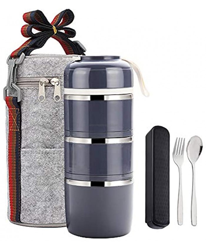 MAIYUANSU Bento Lunch Box Insulated Leak Proof Stainless Steel Bento Lunch Box Container 3 Stackable Compartments Includes Portable Utensil Set Lunch Bag For Adults Kids School Office Picnic（Grey）