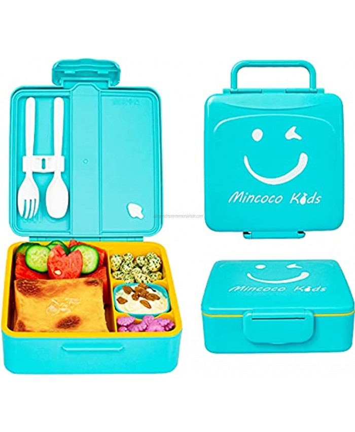 MINCOCO Kids Bento Lunch Box Lunch Container with Sauce Jar Spoon&Fork 4-Compartment On-the-Go Meal and Snack Packing Leak Proof Durable Microwave Safe Sky Blue