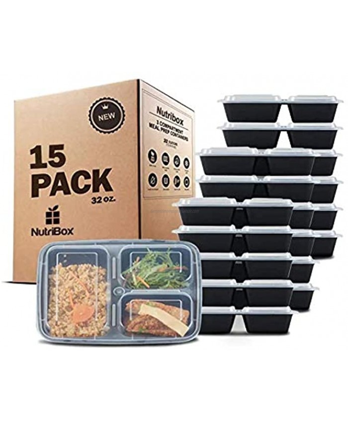 Nutribox [15 pack] 32oz 3 Compartment Meal Prep Containers with Lids Bento Box Durable Plastic Reusable Food Storage Containers Stackable Reusable Microwaveable & Dishwasher Safe