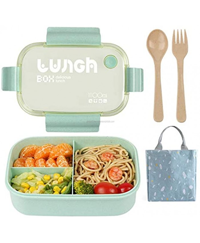Ozazuco Bento Box for Kids and Adults with 3 Compartment,Japanese Lunch Box Wheat Straw Leak-proof Eco-Friendly Bento Lunch Box Meal Prep Containers 37.2oz Green