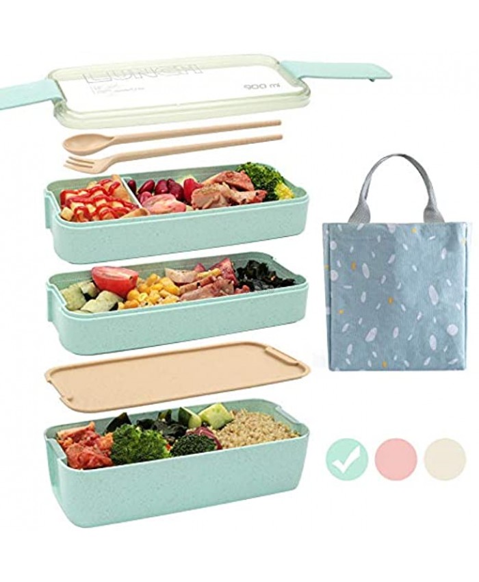 Ozazuco Bento Box Japanese Lunch Box,3-In-1 Compartment Wheat Straw Leakproof Eco-Friendly Bento Lunch Box Meal Prep Containers for Kids & Adults