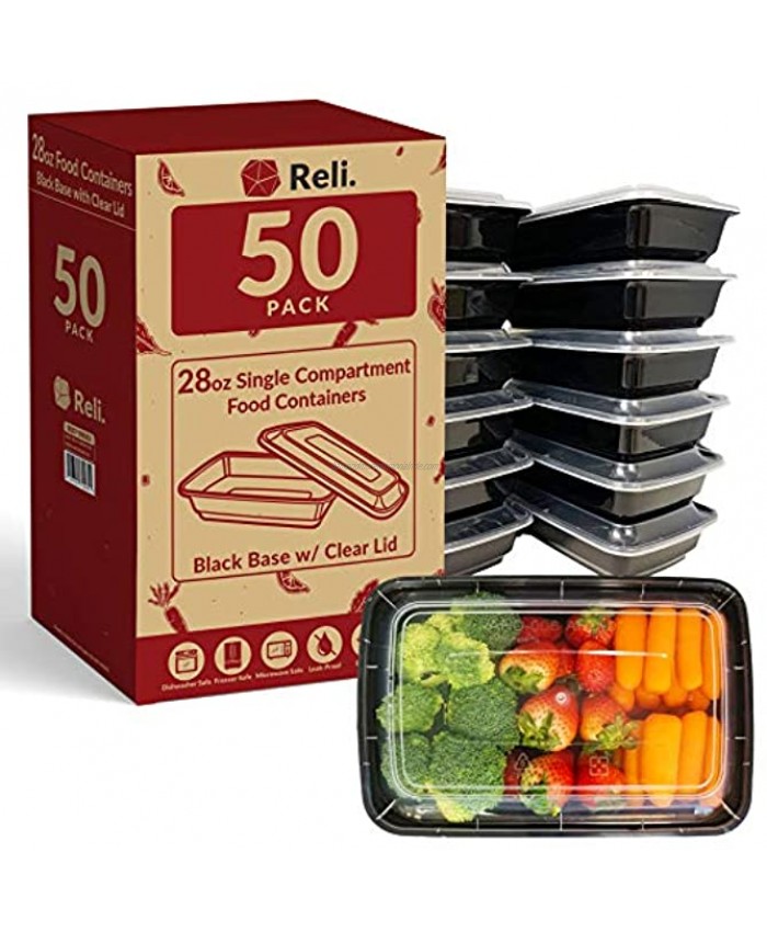 Reli. Meal Prep Containers 28 oz. 50 Pack 1 Compartment Food Containers with Lids Microwavable Food Storage Containers Black Reusable Bento Box Lunch Box Containers for Meal Prep Black28oz