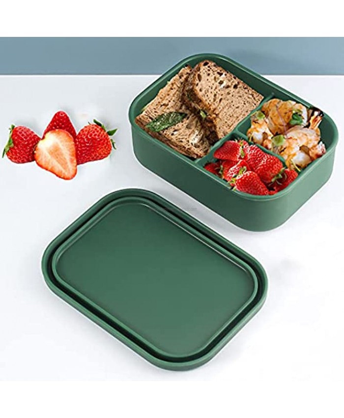 Silicone Bento Lunch Box for Adults 3-Compartment Leakproof Salad Lunch Comtainer Safe in Microwave Dishwasher & Freezer Green