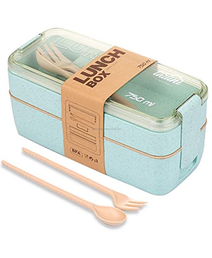 The All-in-one Lunch Bento Box -Two Stackable Meal Prep Kids Bento Box- Dishwasher Safe,Utensils,Dividers-Food Storage Containers