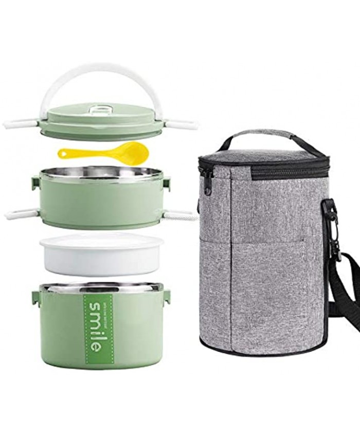 YBOBK HOME Bento Lunch Box Stainless Steel Insulated Thermal Stackable Thermos Lunch Box with Microwave Safe Food Containers and Bag for Adults Green