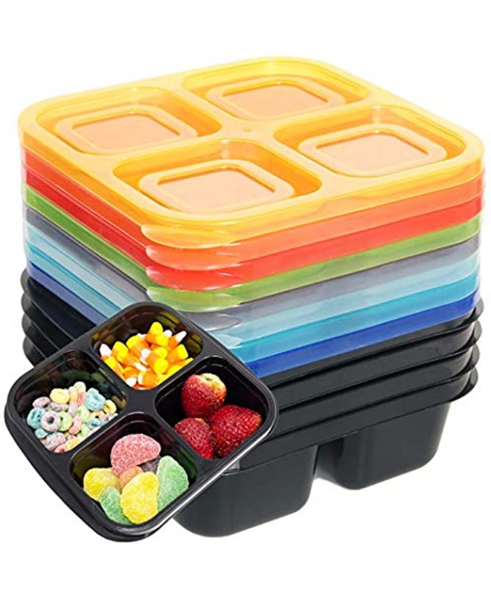 Youngever 8 Pack 4-Compartment Reusable Snack Box Food Containers Bento Lunch Box Meal Prep Containers Divided Food Storage Containers in 8 Assorted Color