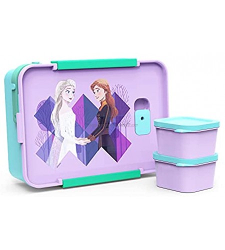 Zak Designs Disney Frozen 2 Reusable Plastic Bento Box with Leak-Proof Seal Carrying Handle Microwave Steam Vent and Individual Containers for Kids' Packed Lunch 3 PCs Set Anna & Elsa