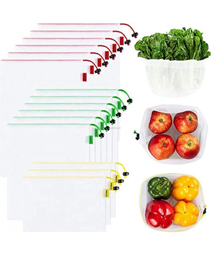Ecowaare Set of 15 Reusable Mesh Produce Bags Eco-Friendly Washable and See-Through with Colorful Tare Weight Tags 3 Sizes
