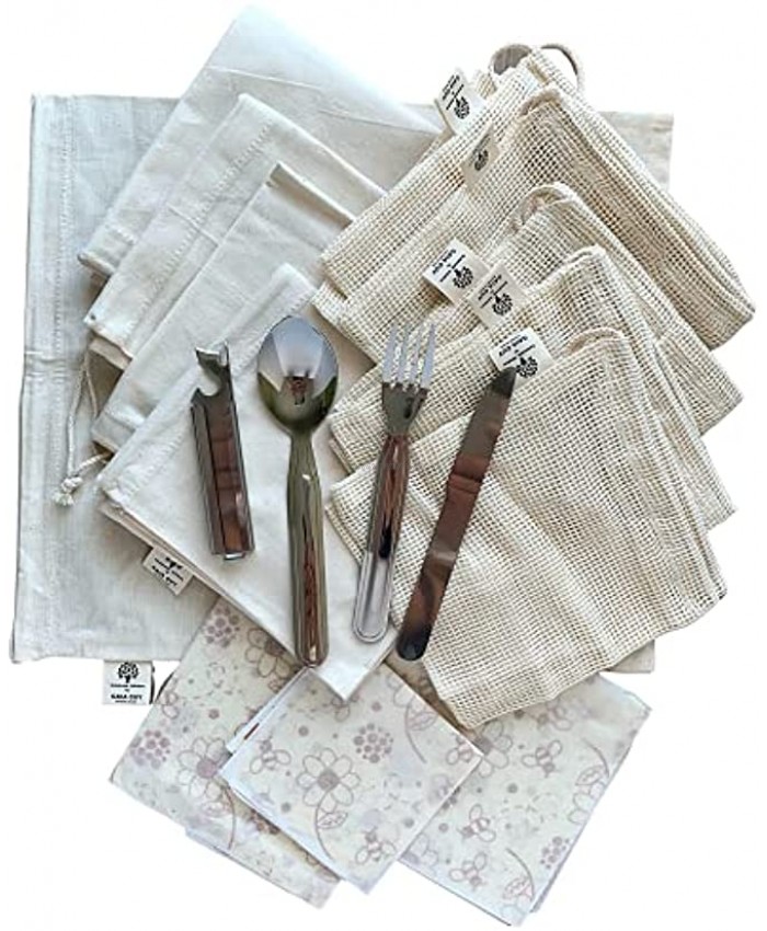 Organic Cotton Produce Bags 10 Reusable Washable Large 12 x 14 3 Cotton Beeswax Wraps S M L 3-Piece Stainless Steel Travel Cutlery Set The Ultimate Zero Waste Farmer’s Market Bulk Food