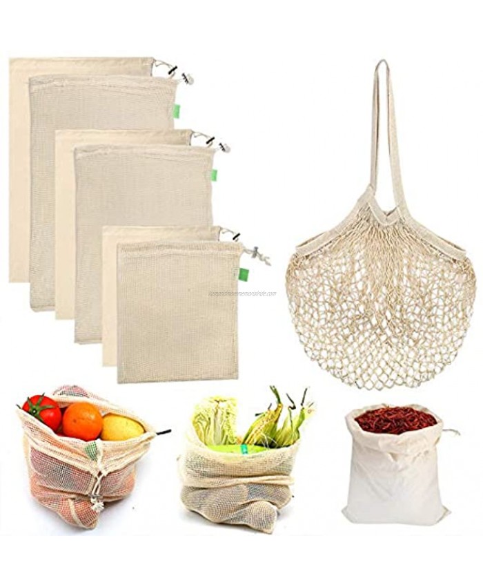 Reusable Produce Bags 7 Pack Organic Cotton Mesh Bags Biodegradable Durable Reusable Grocery Bags Muslin Bags with Drawstring for Shopping & Storage Fruits Vegetables Home Organization Washable