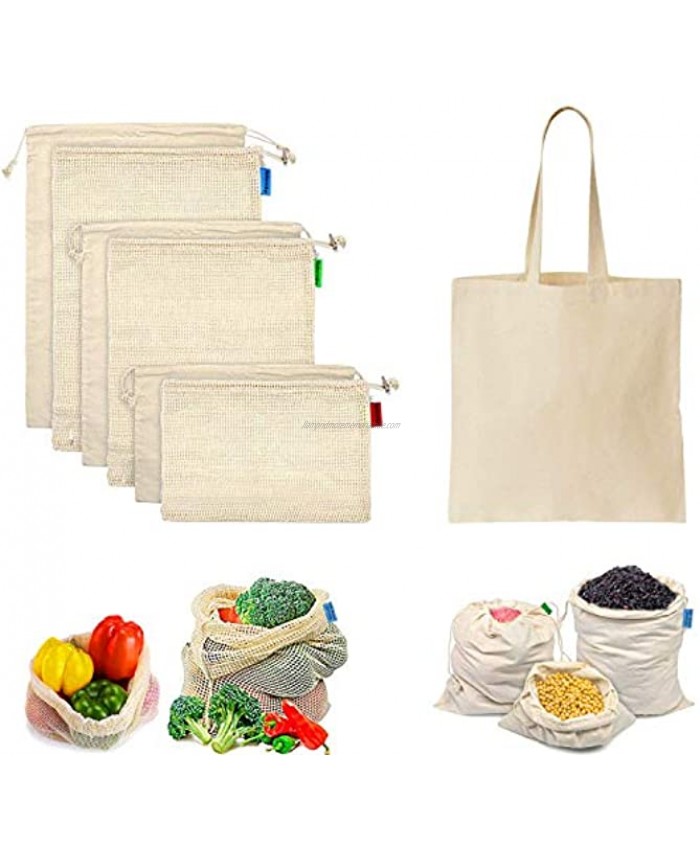 Reusable Produce Bags Durable Organic Cotton Mesh Produce Bags ECO-Friendly Produce Bags with Tare weight,Zero Waste Washable Produce Bags for Grocery Shopping & Storage 7 Pack